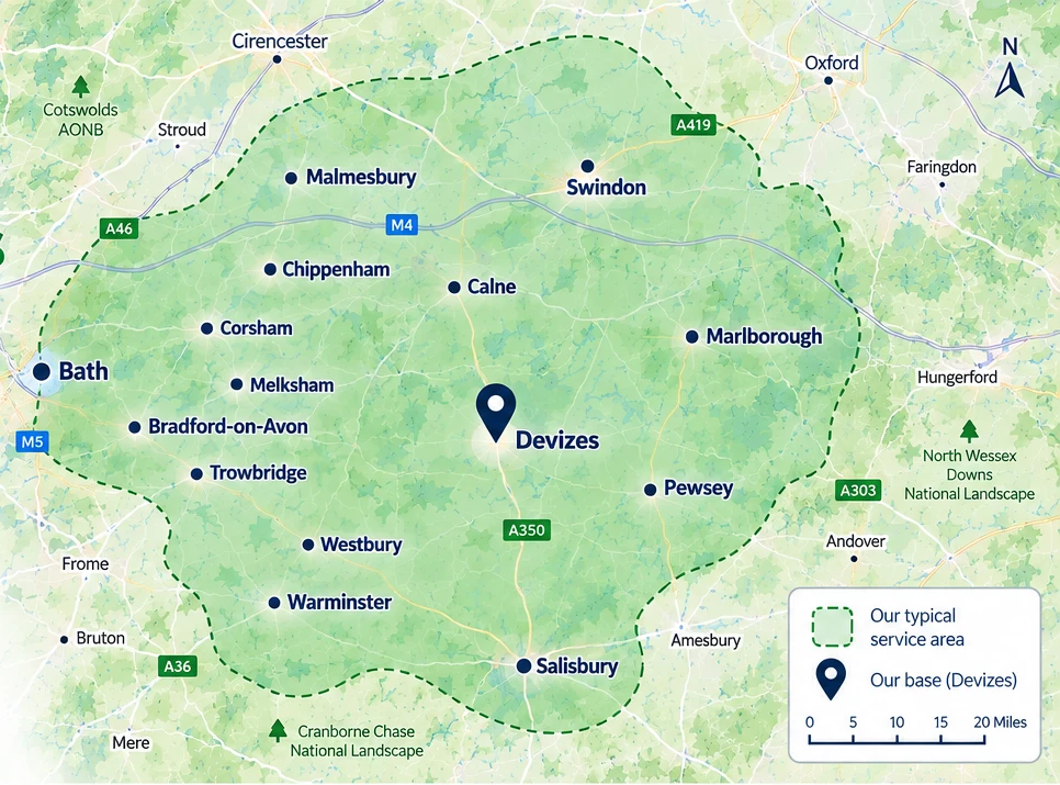 Map showing CNP Services typical coverage across Wiltshire, including Swindon, Malmesbury, Bath, Warminster and Salisbury